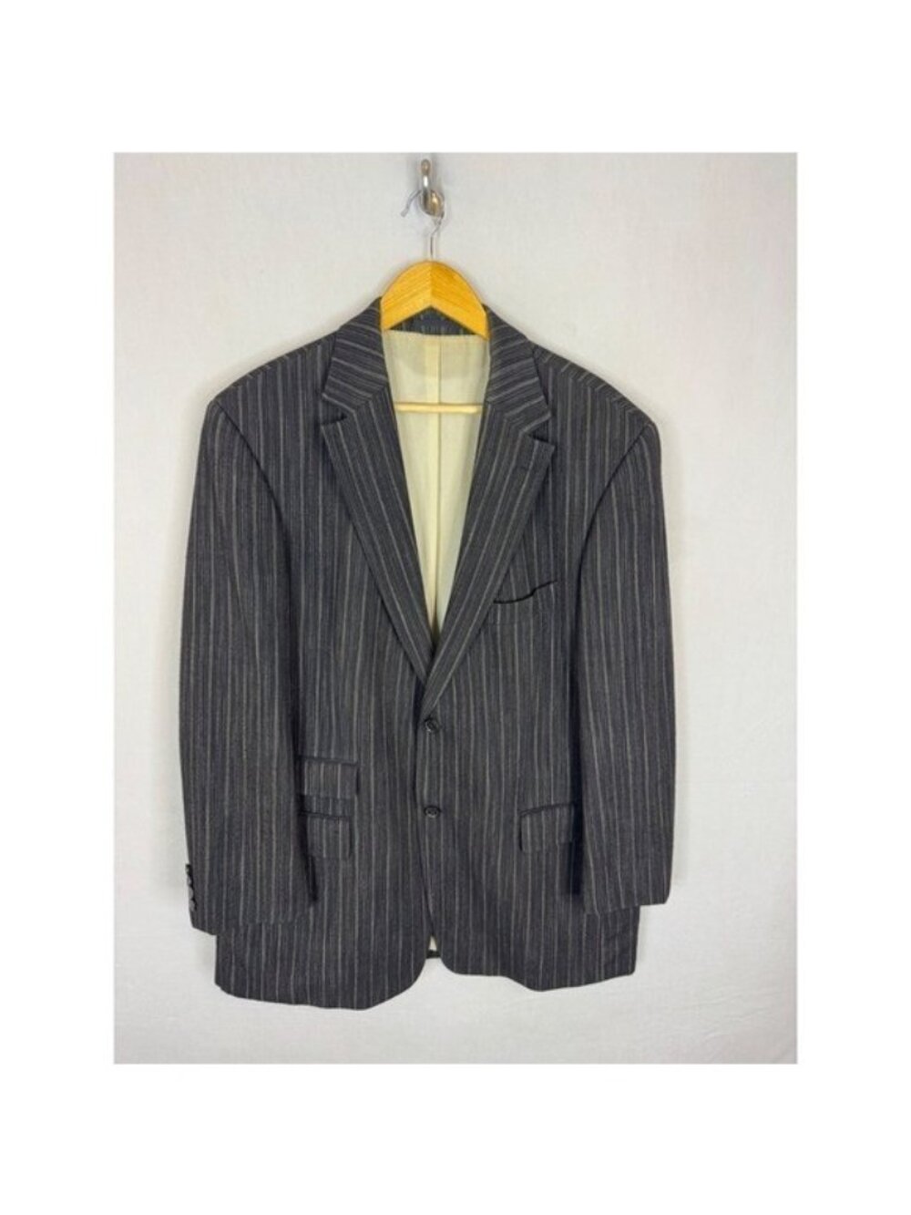 Hugo Boss Coppola Pinstripe Virgin Wool Blazer Grey Beige Men 46R Henry Singer